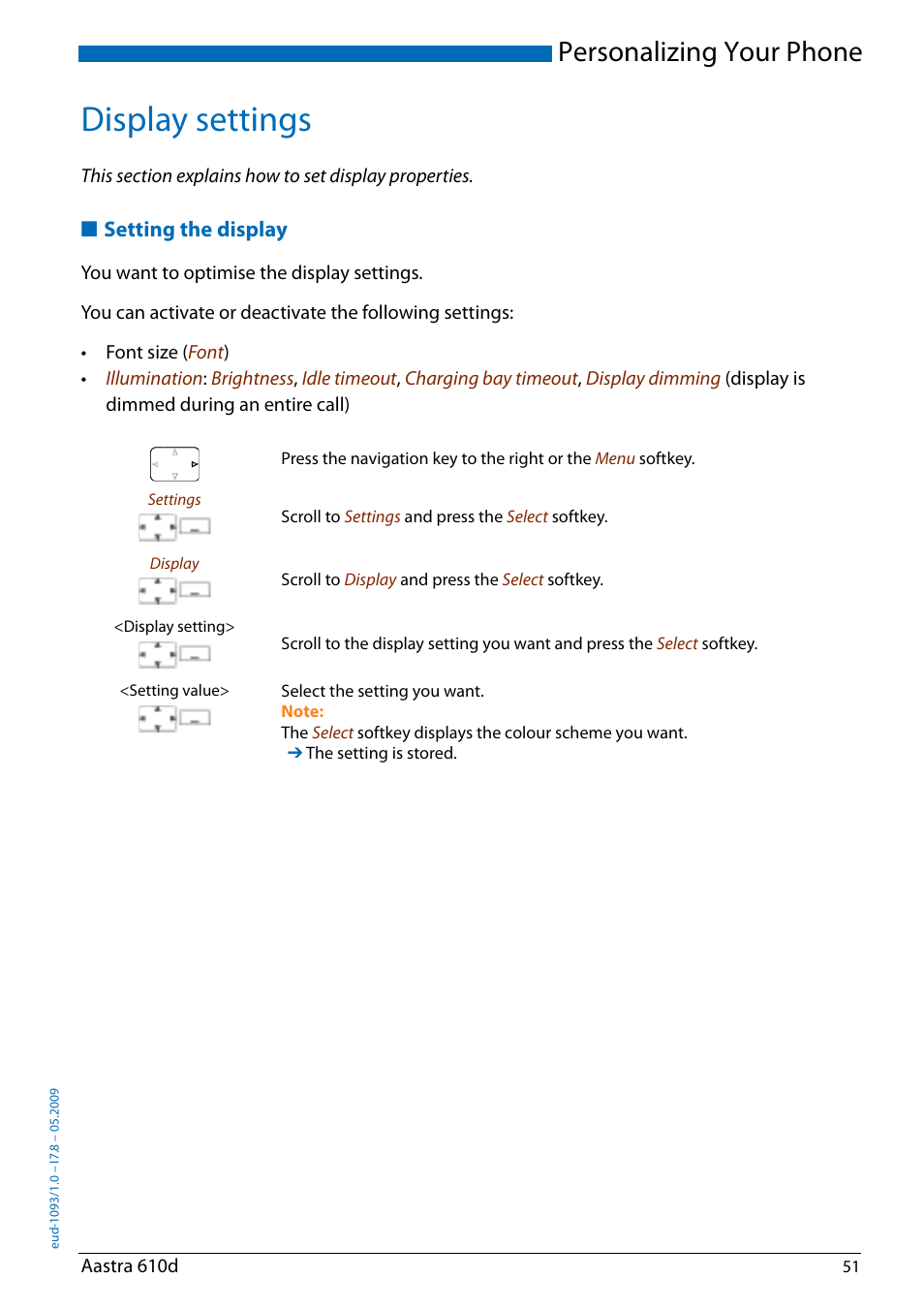 Display settings, Setting the display, Personalizing your phone | AASTRA 610d for Aastra IntelliGate User Guide EN User Manual | Page 51 / 76