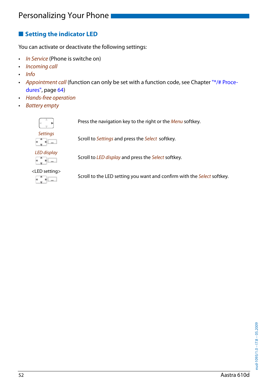 Setting the indicator led, Personalizing your phone | AASTRA 610d for Aastra IntelliGate User Guide EN User Manual | Page 52 / 76