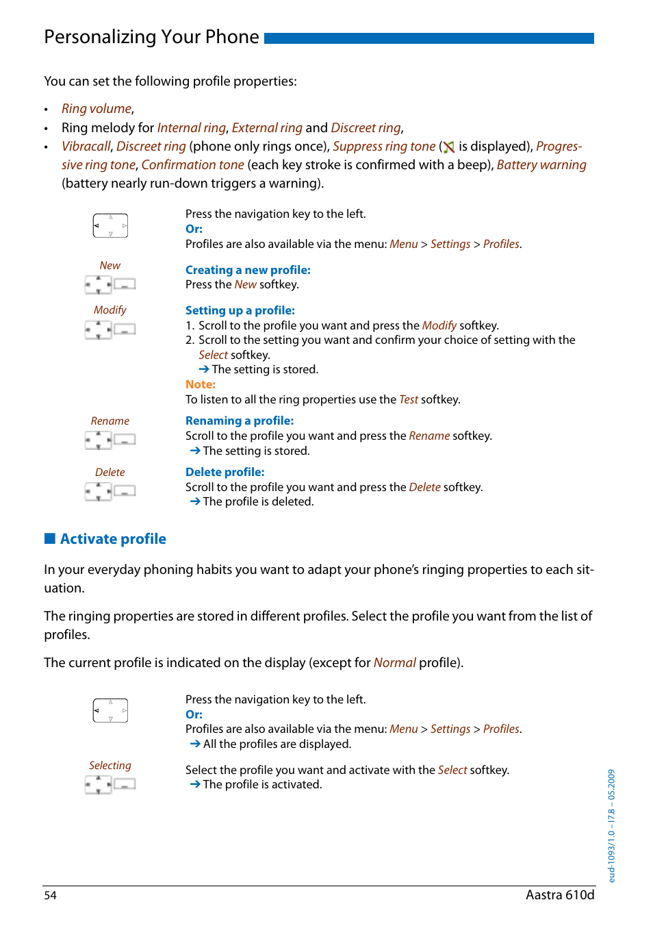 Activate profile, Personalizing your phone | AASTRA 610d for Aastra IntelliGate User Guide EN User Manual | Page 54 / 76
