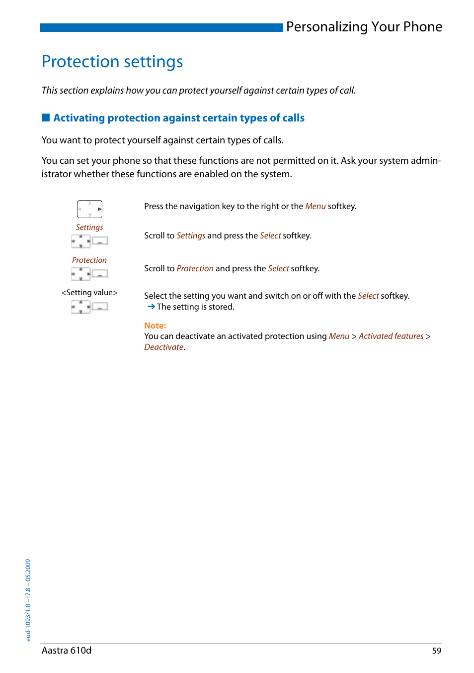 Protection settings, Personalizing your phone | AASTRA 610d for Aastra IntelliGate User Guide EN User Manual | Page 59 / 76