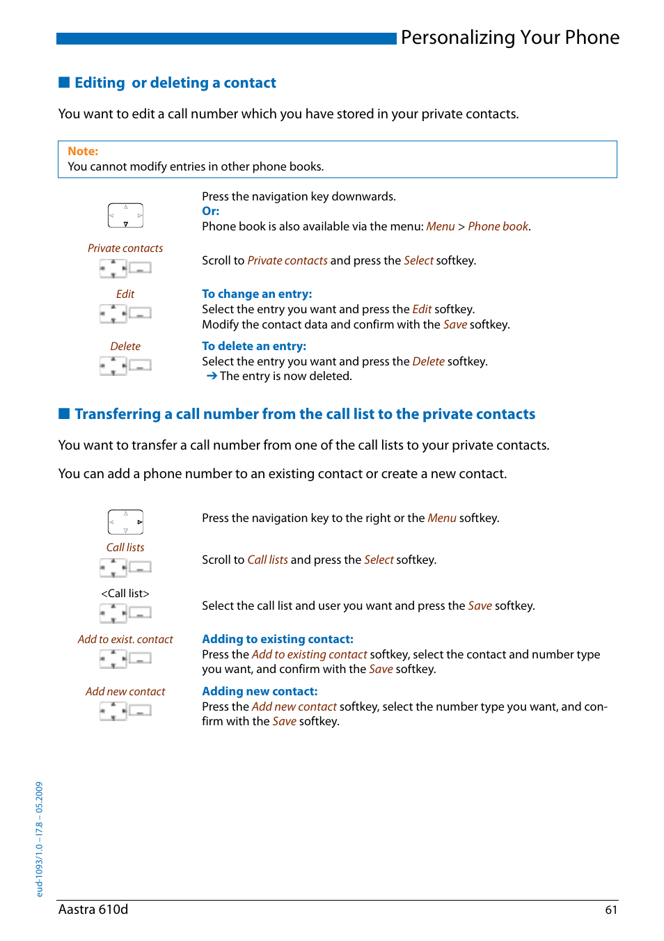 Editing or deleting a contact, Personalizing your phone | AASTRA 610d for Aastra IntelliGate User Guide EN User Manual | Page 61 / 76