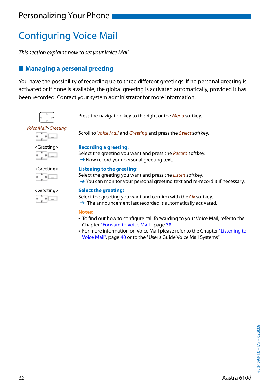 Configuring voice mail, Managing a personal greeting, Config | Uring voice mail, Personalizing your phone | AASTRA 610d for Aastra IntelliGate User Guide EN User Manual | Page 62 / 76