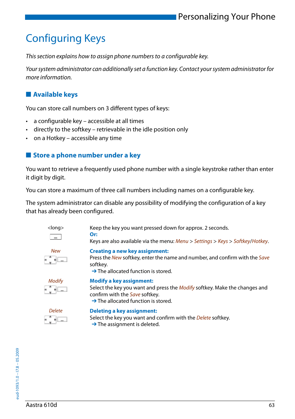 Configuring keys, Available keys, Store a phone number under a key | Store a phone number under a, Personalizing your phone | AASTRA 610d for Aastra IntelliGate User Guide EN User Manual | Page 63 / 76