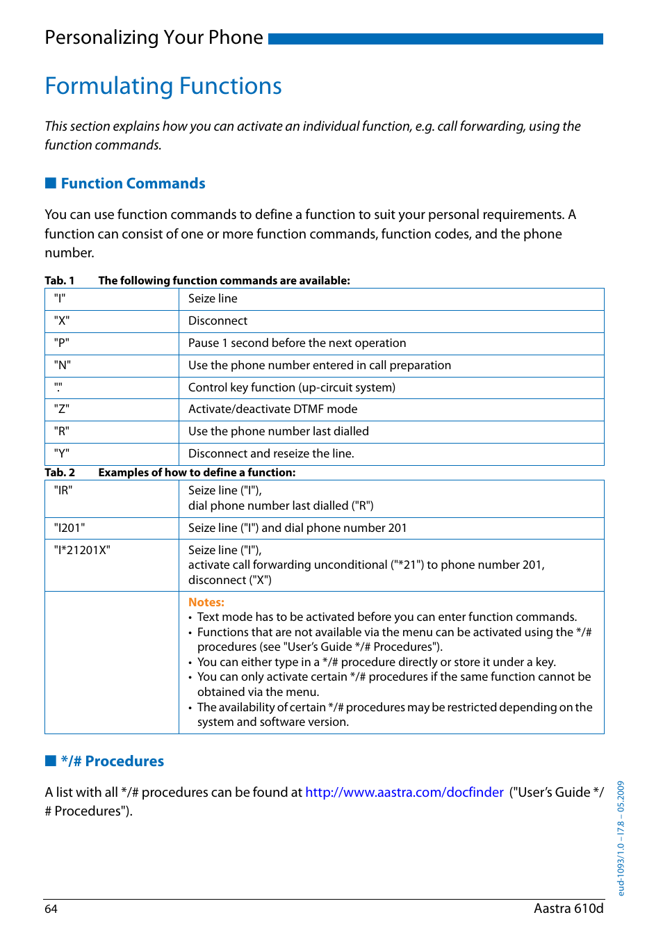 Formulating functions, Function commands, Procedures | Proce, Dures, Personalizing your phone | AASTRA 610d for Aastra IntelliGate User Guide EN User Manual | Page 64 / 76