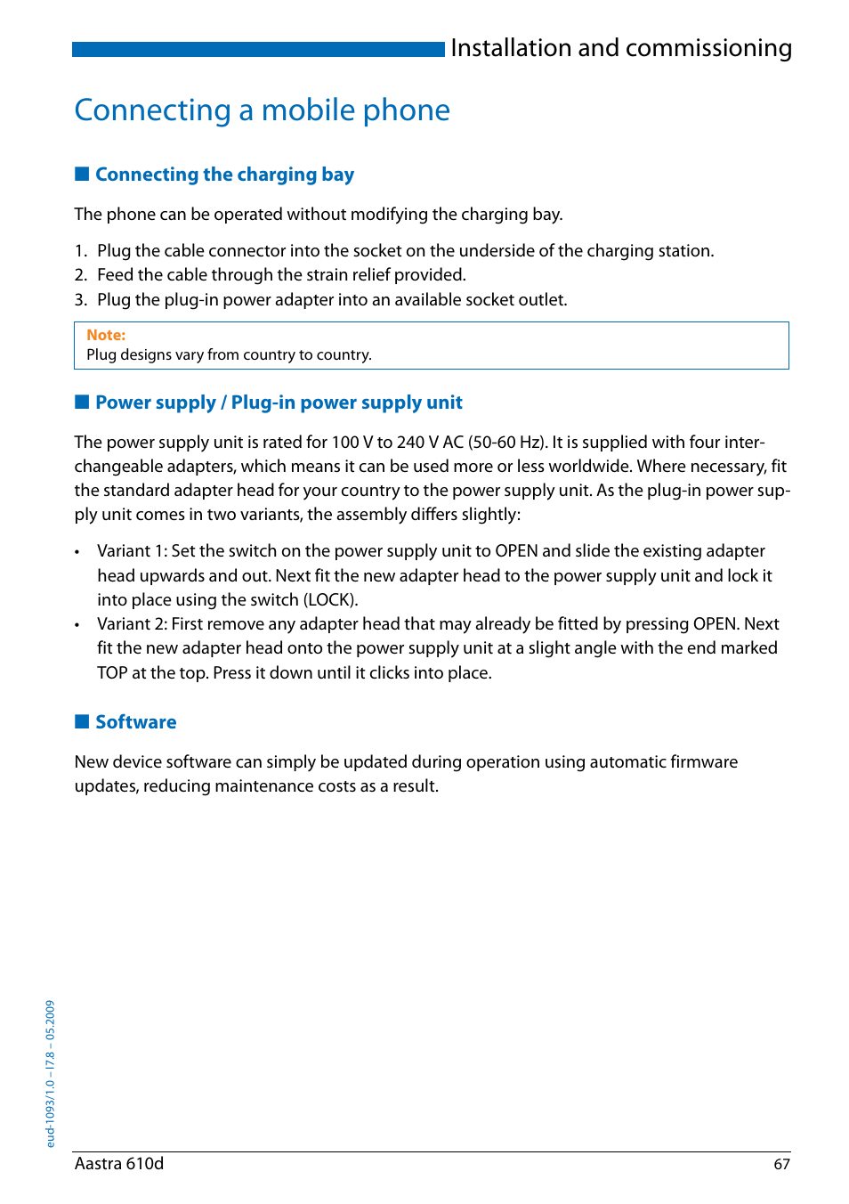 Connecting a mobile phone, Connecting the charging bay, Power supply / plug-in power supply unit | Software, Installation and commissioning | AASTRA 610d for Aastra IntelliGate User Guide EN User Manual | Page 67 / 76