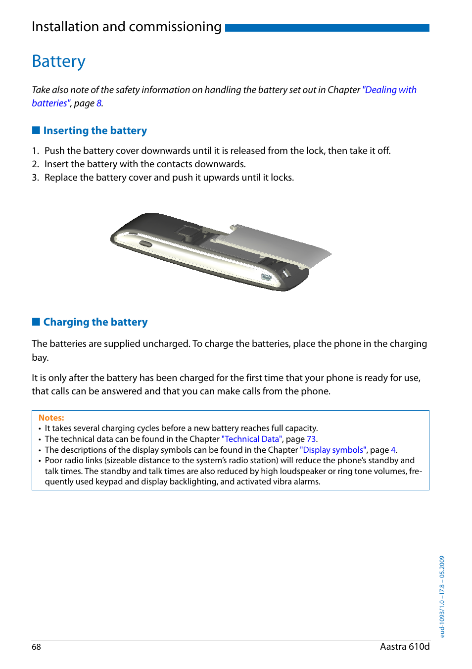 Battery, Inserting the battery, Charging the battery | Ions in the, Installation and commissioning | AASTRA 610d for Aastra IntelliGate User Guide EN User Manual | Page 68 / 76