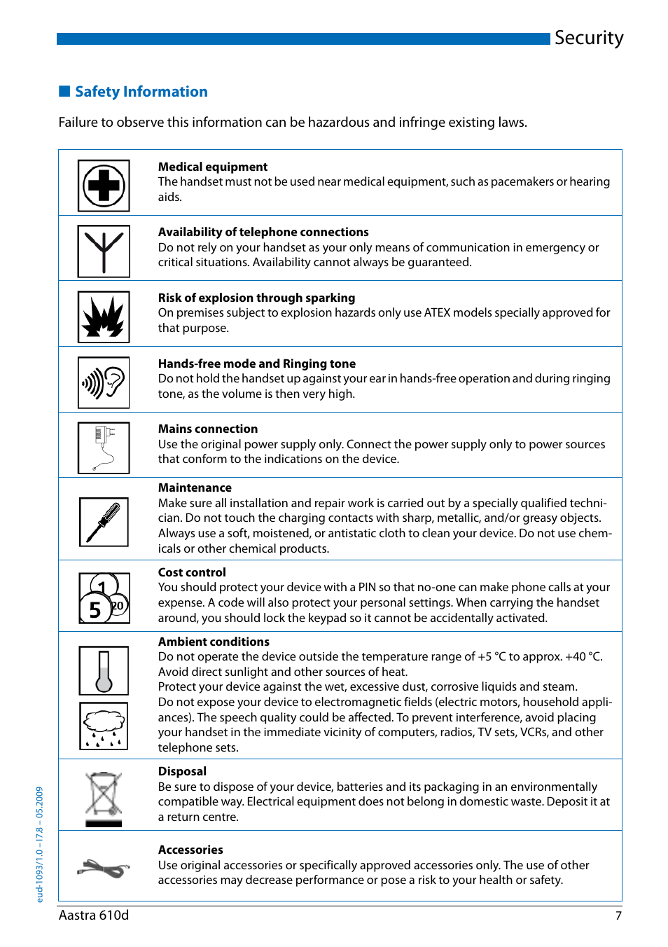 Security, Safety information, Aastra 610d | AASTRA 610d for Aastra IntelliGate User Guide EN User Manual | Page 7 / 76