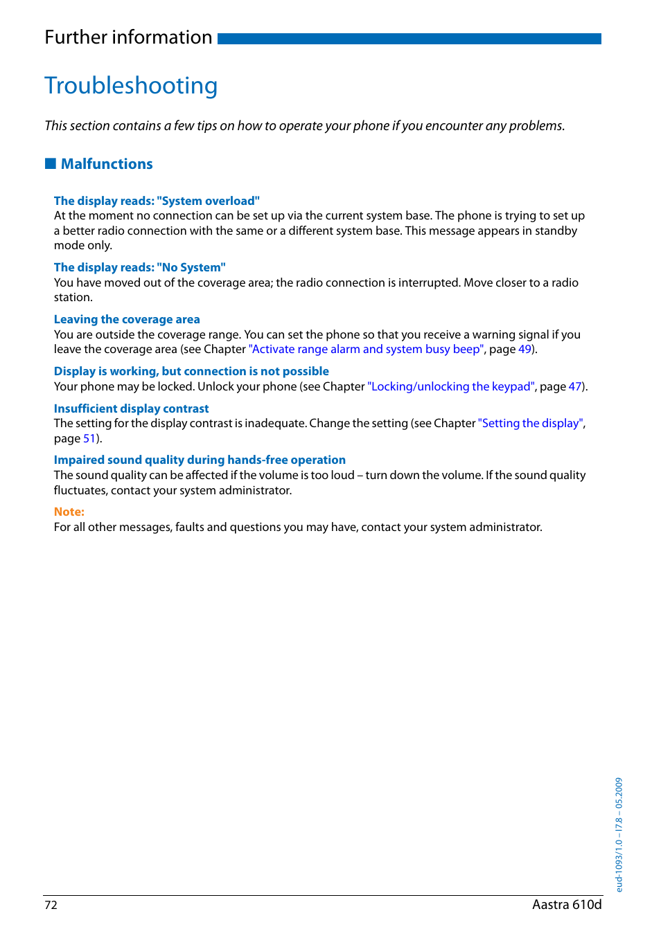 Troubleshooting, Malfunctions, Further information | AASTRA 610d for Aastra IntelliGate User Guide EN User Manual | Page 72 / 76