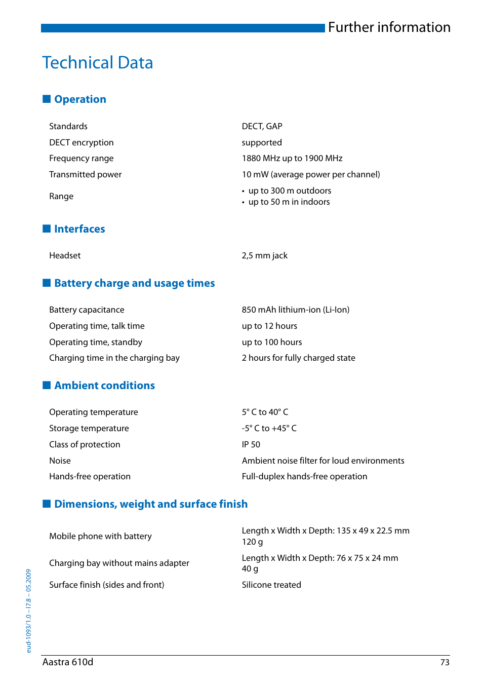 Technical data, Operation, Interfaces | Battery charge and usage times, Ambient conditions, Dimensions, weight and surface finish, Further information | AASTRA 610d for Aastra IntelliGate User Guide EN User Manual | Page 73 / 76