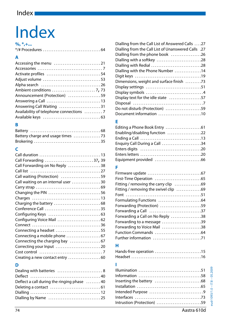 Index | AASTRA 610d for Aastra IntelliGate User Guide EN User Manual | Page 74 / 76