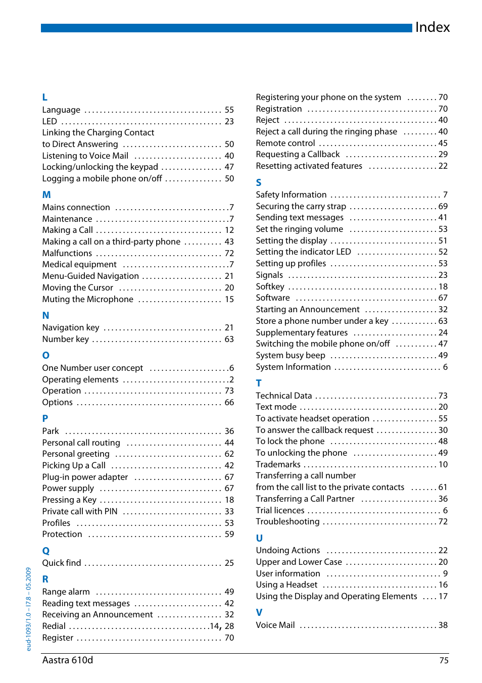 Index | AASTRA 610d for Aastra IntelliGate User Guide EN User Manual | Page 75 / 76