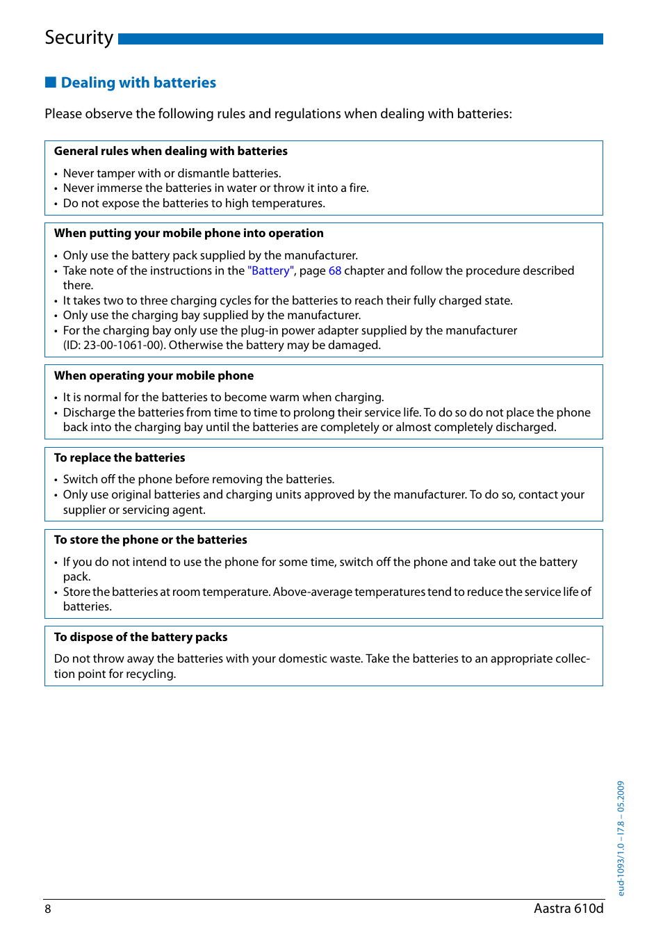 Dealing with batteries, Security | AASTRA 610d for Aastra IntelliGate User Guide EN User Manual | Page 8 / 76
