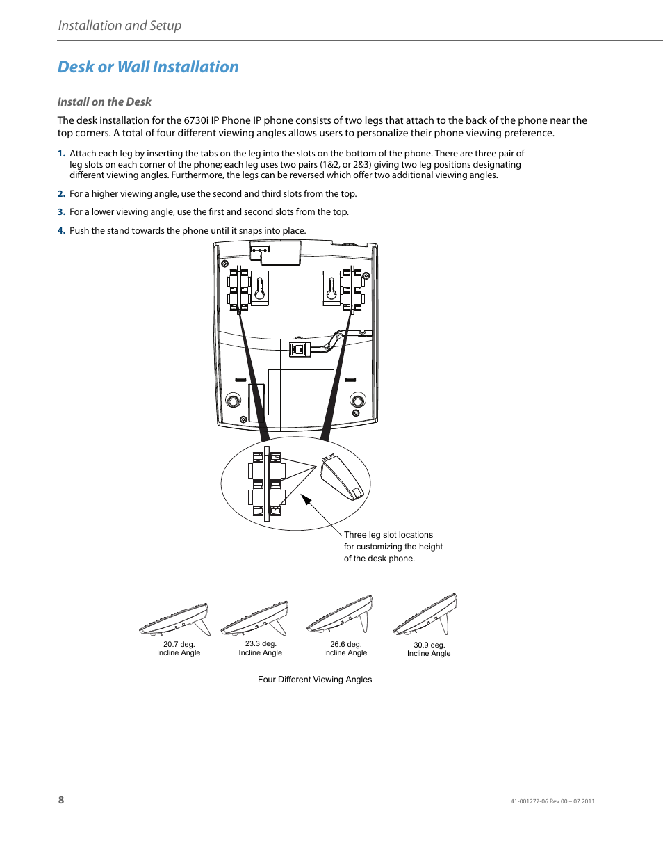 Desk or wall installation, Install on the desk, Installation and setup | AASTRA 6730i Installation Guide EN User Manual | Page 11 / 22