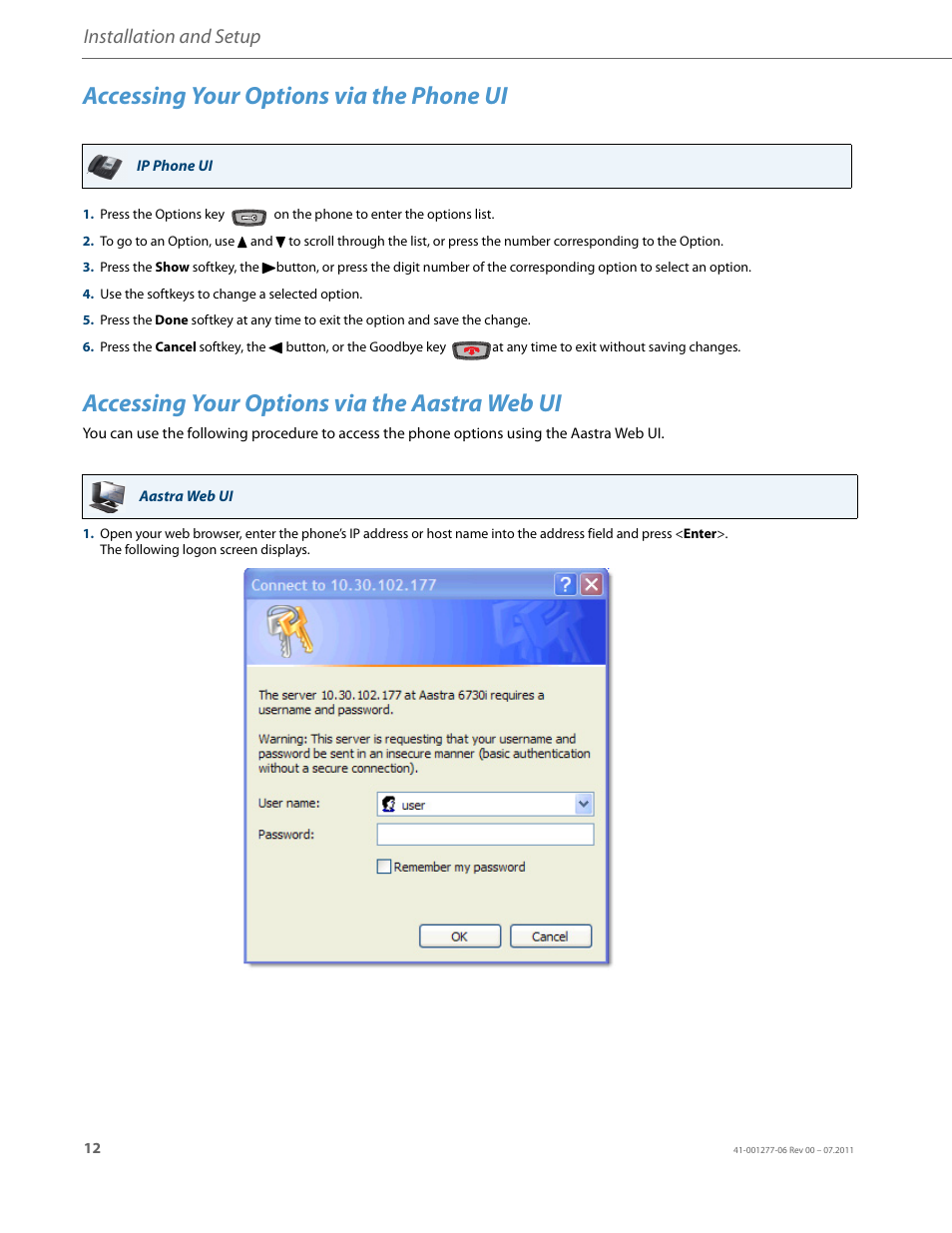 Accessing your options via the phone ui, Accessing your options via the aastra web ui, Installation and setup | AASTRA 6730i Installation Guide EN User Manual | Page 15 / 22