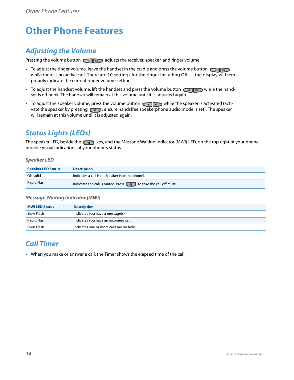Other phone features, Adjusting the volume, Status lights (leds) | Speaker led, Message waiting indicator (mwi), Call timer | AASTRA 6730i Installation Guide EN User Manual | Page 17 / 22