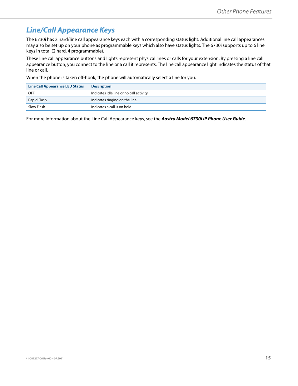 Line/call appearance keys, Other phone features | AASTRA 6730i Installation Guide EN User Manual | Page 18 / 22