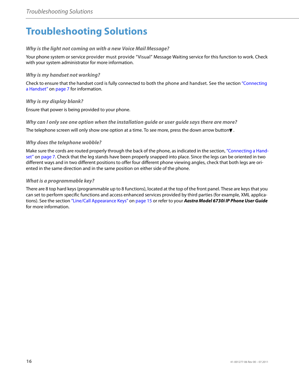 Troubleshooting solutions, Why is my handset not working, Why is my display blank | Why does the telephone wobble, What is a programmable key | AASTRA 6730i Installation Guide EN User Manual | Page 19 / 22