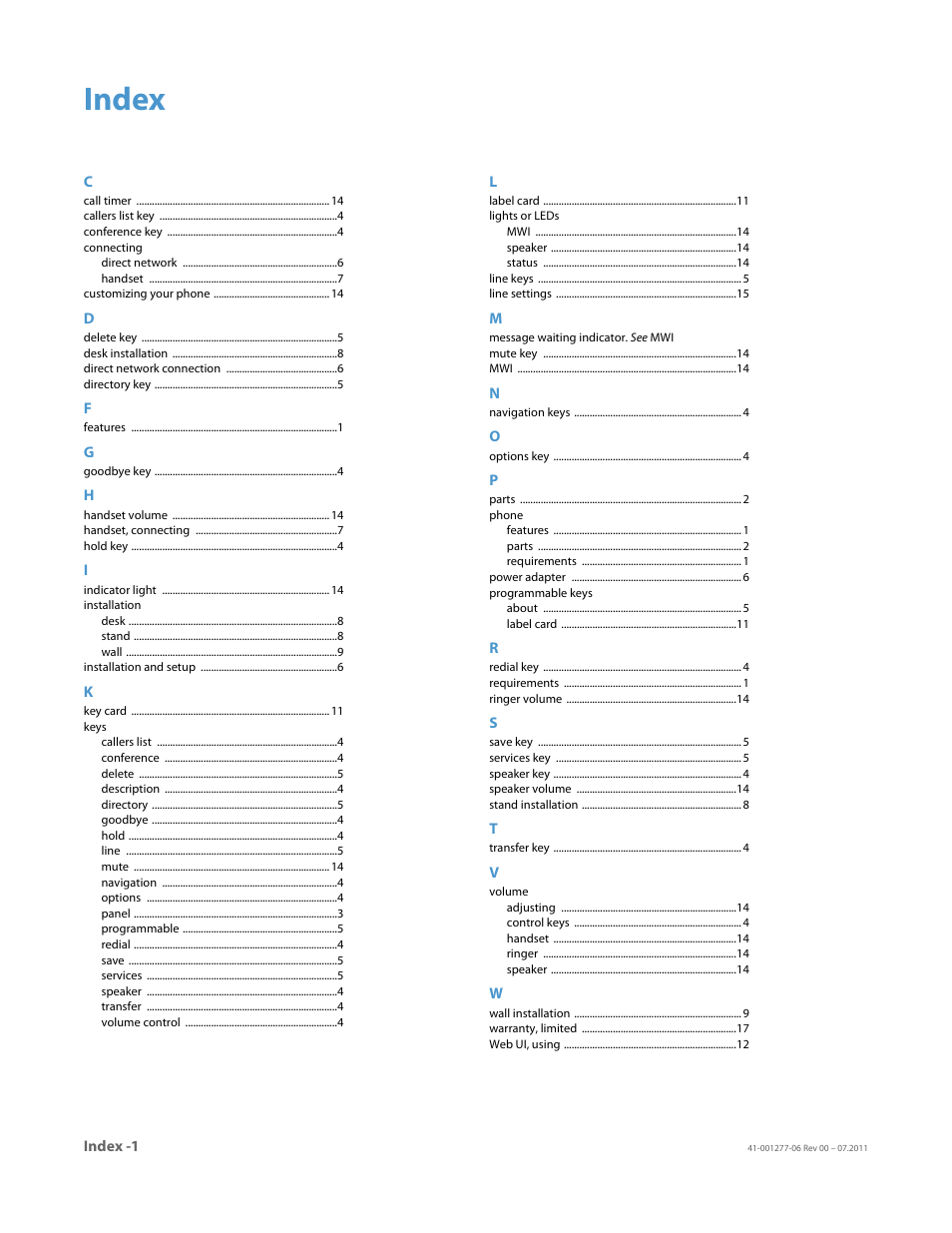 Index | AASTRA 6730i Installation Guide EN User Manual | Page 21 / 22