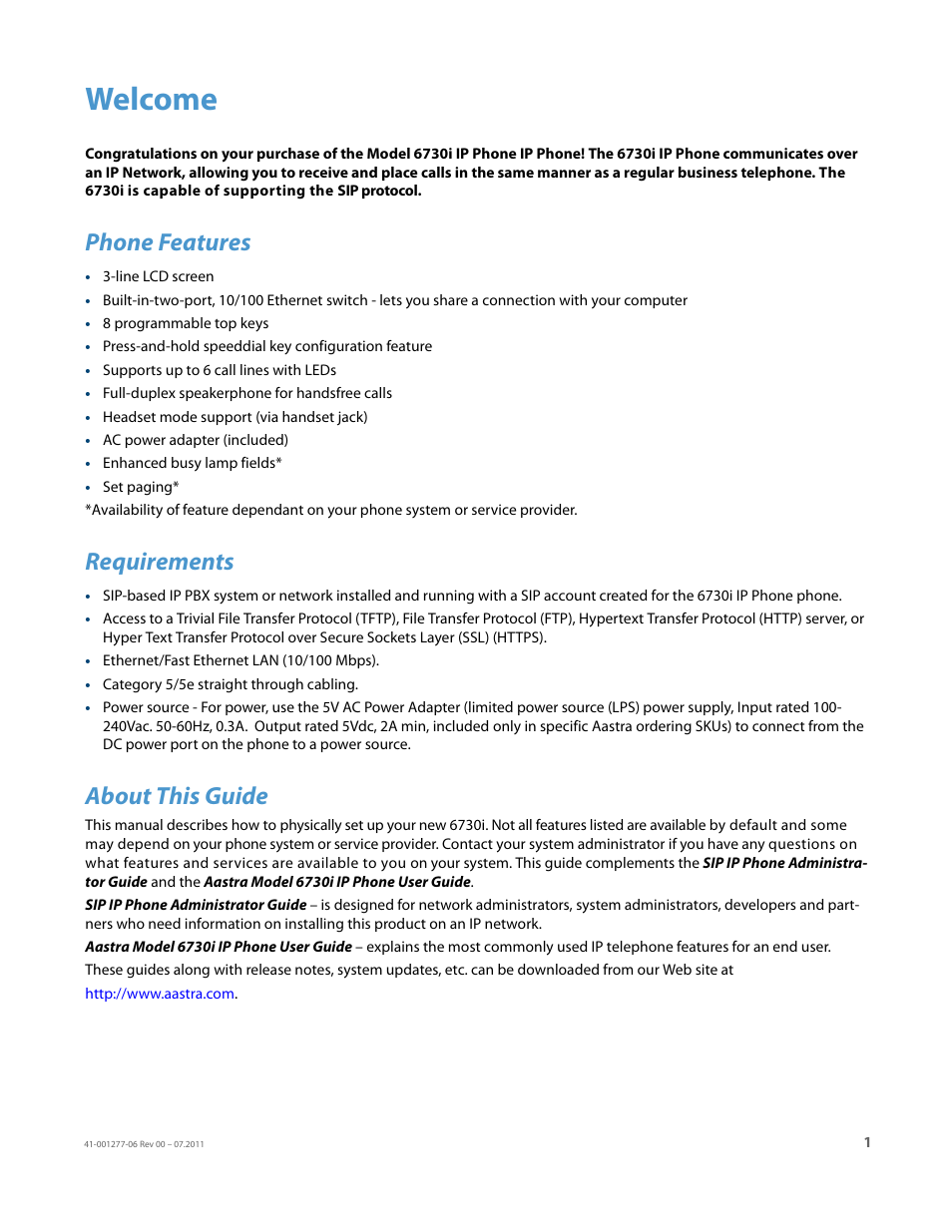 Welcome, Phone features, Requirements | About this guide | AASTRA 6730i Installation Guide EN User Manual | Page 4 / 22