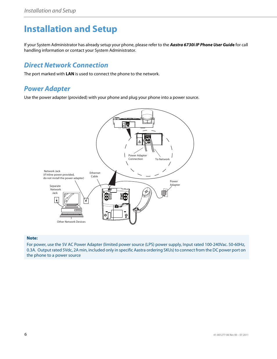 Installation and setup, Direct network connection, Power adapter | AASTRA 6730i Installation Guide EN User Manual | Page 9 / 22