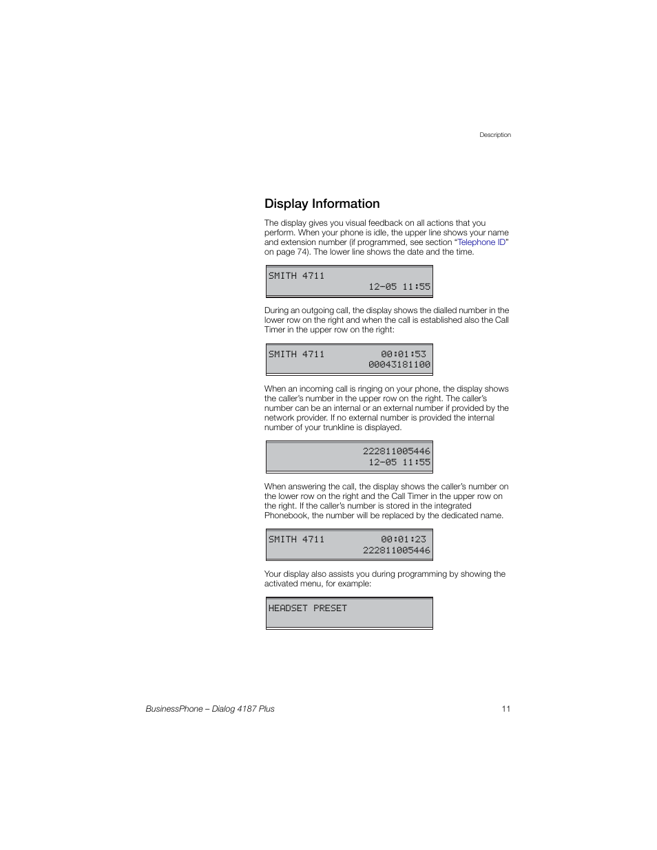 Display information, Section | AASTRA 4187 Plus for BusinessPhone User Guide EN User Manual | Page 11 / 104