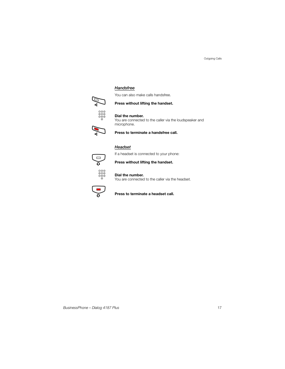Handsfree, Headset | AASTRA 4187 Plus for BusinessPhone User Guide EN User Manual | Page 17 / 104