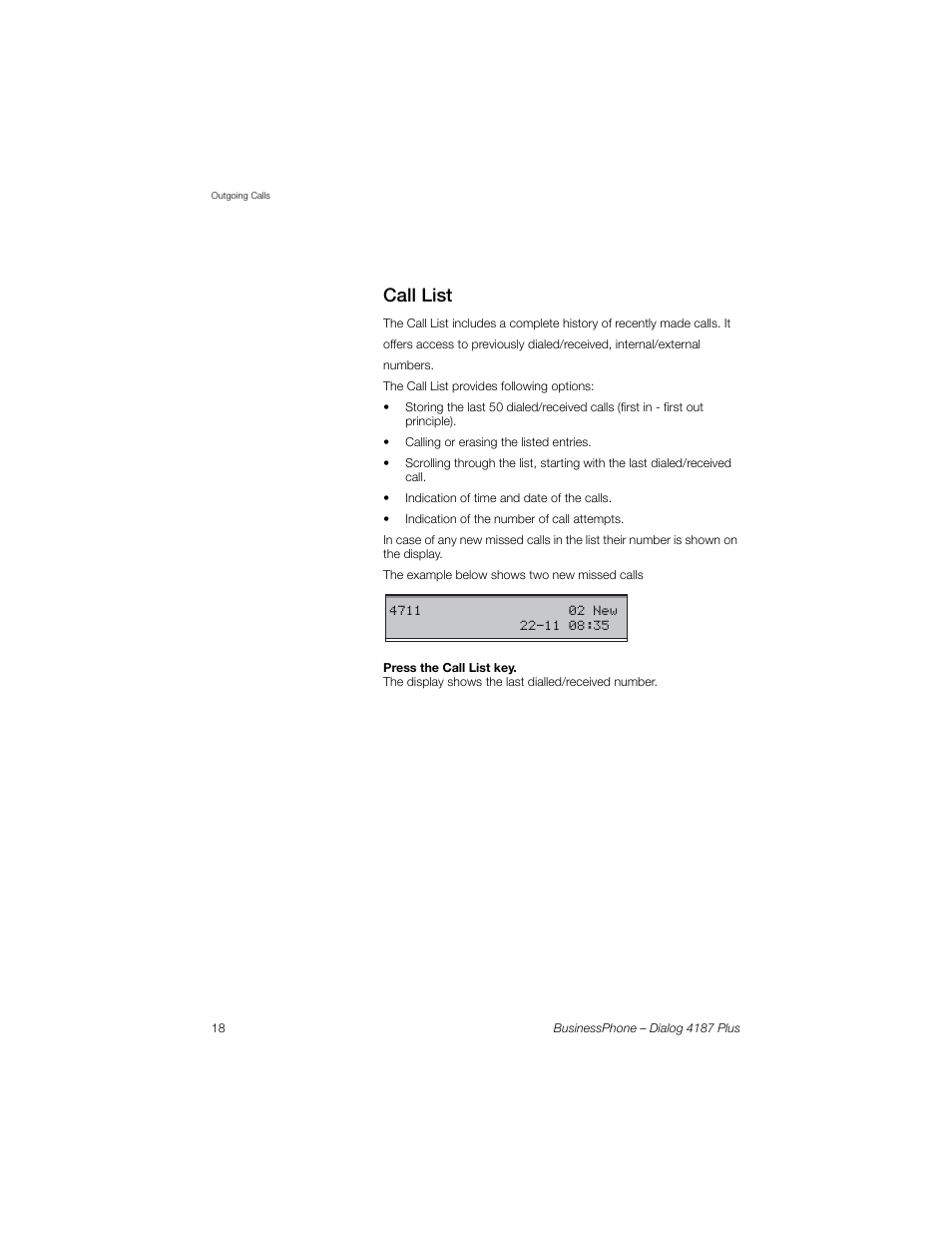 Call list | AASTRA 4187 Plus for BusinessPhone User Guide EN User Manual | Page 18 / 104