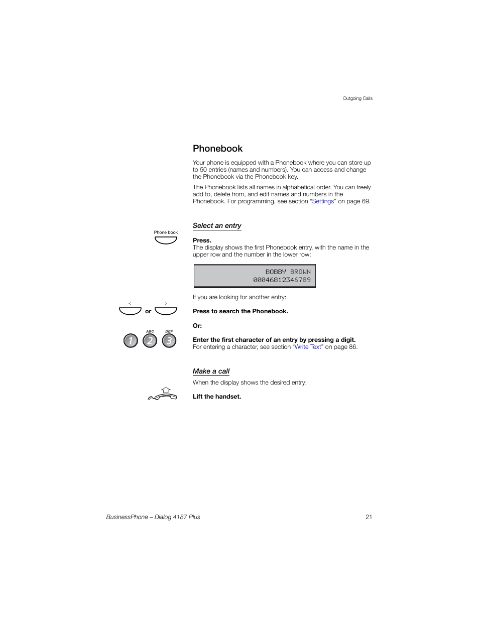 Phonebook, Select an entry, Make a call | AASTRA 4187 Plus for BusinessPhone User Guide EN User Manual | Page 21 / 104