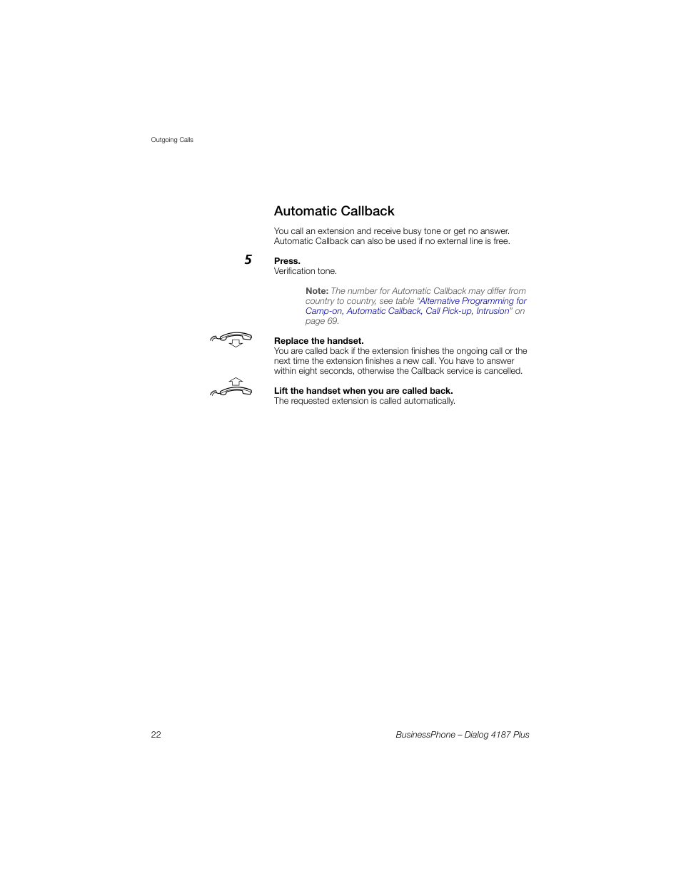 Automatic callback | AASTRA 4187 Plus for BusinessPhone User Guide EN User Manual | Page 22 / 104