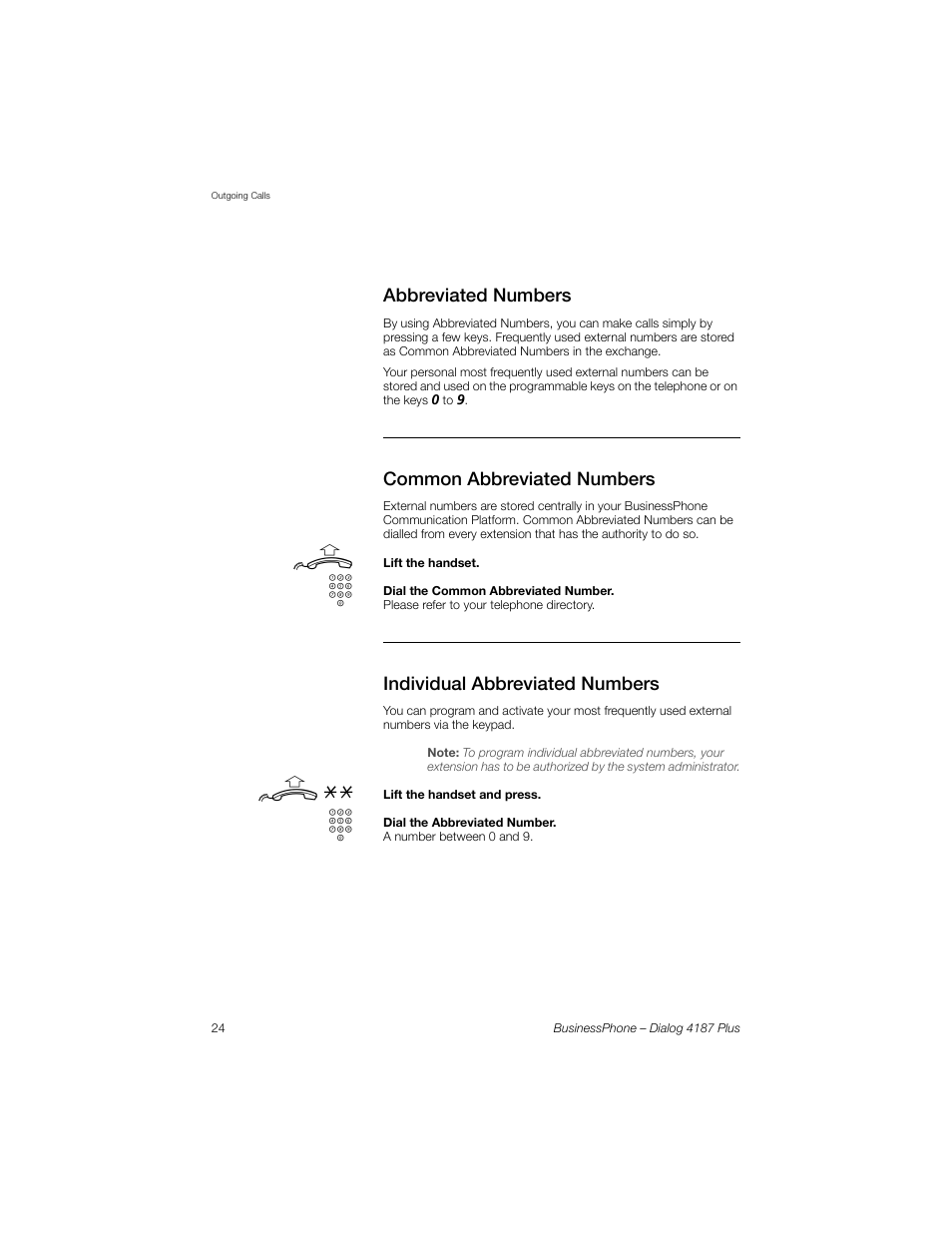 Abbreviated numbers, Common abbreviated numbers, Individual abbreviated numbers | Sections, Common | AASTRA 4187 Plus for BusinessPhone User Guide EN User Manual | Page 24 / 104