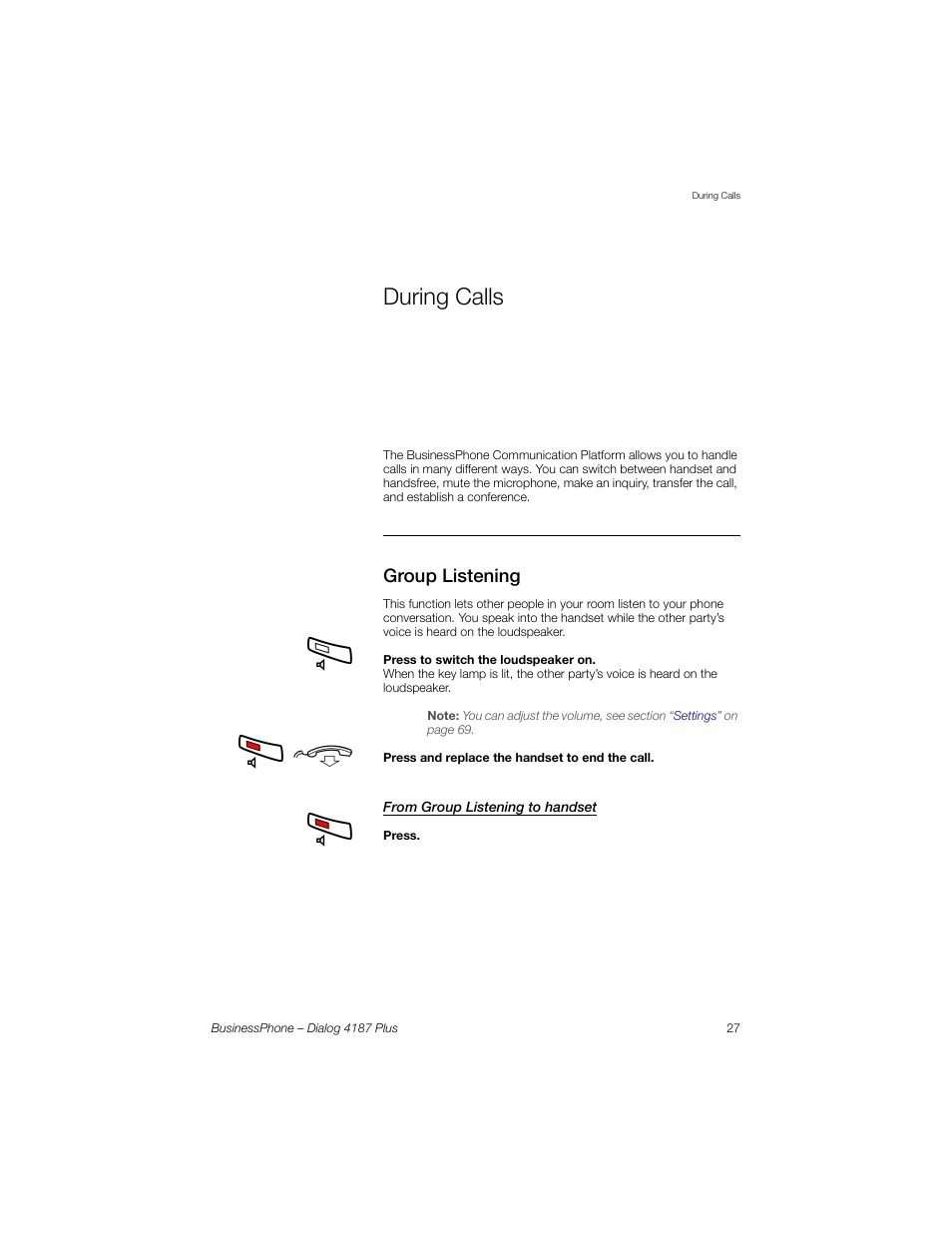 During calls, Group listening, From group listening to handset | Ection, Дв d | AASTRA 4187 Plus for BusinessPhone User Guide EN User Manual | Page 27 / 104