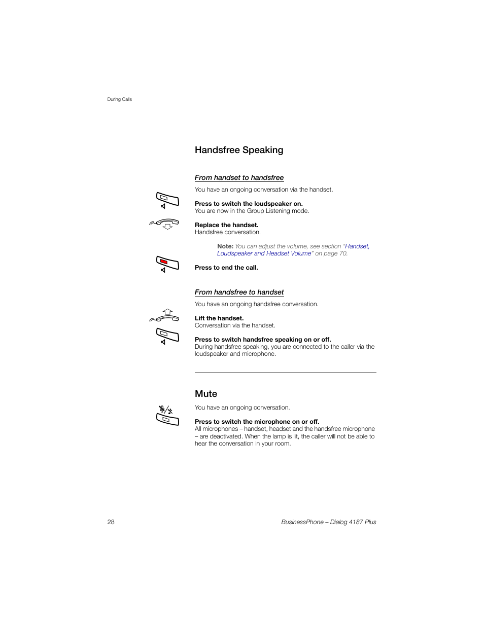 Handsfree speaking, From handset to handsfree, From handsfree to handset | Mute, Ction | AASTRA 4187 Plus for BusinessPhone User Guide EN User Manual | Page 28 / 104