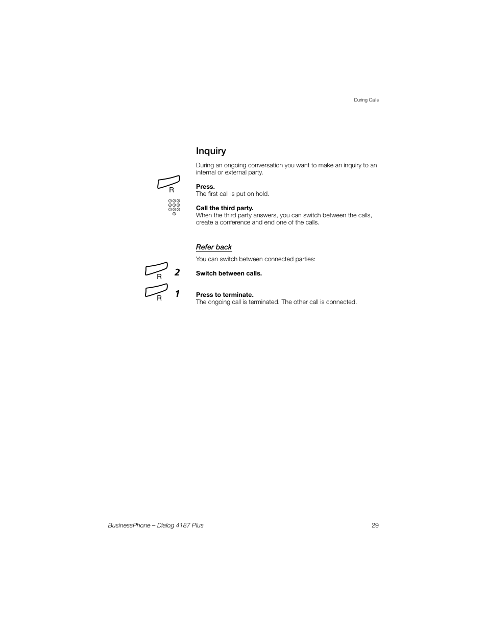 Inquiry, Refer back | AASTRA 4187 Plus for BusinessPhone User Guide EN User Manual | Page 29 / 104