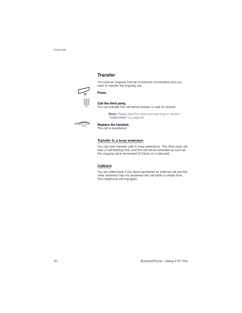 Transfer, Transfer to a busy extension, Callback | AASTRA 4187 Plus for BusinessPhone User Guide EN User Manual | Page 30 / 104