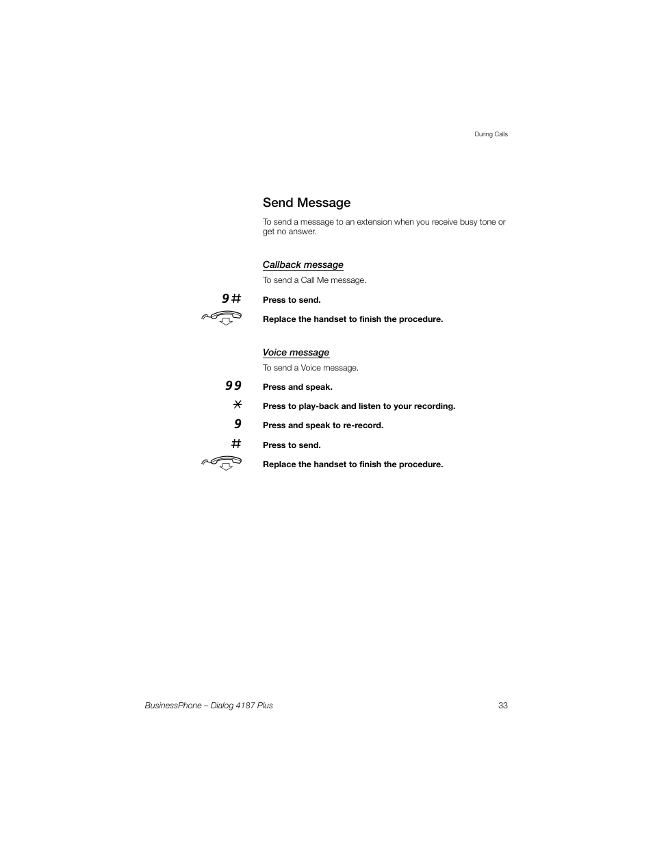 Send message, Callback message, Voice message | AASTRA 4187 Plus for BusinessPhone User Guide EN User Manual | Page 33 / 104