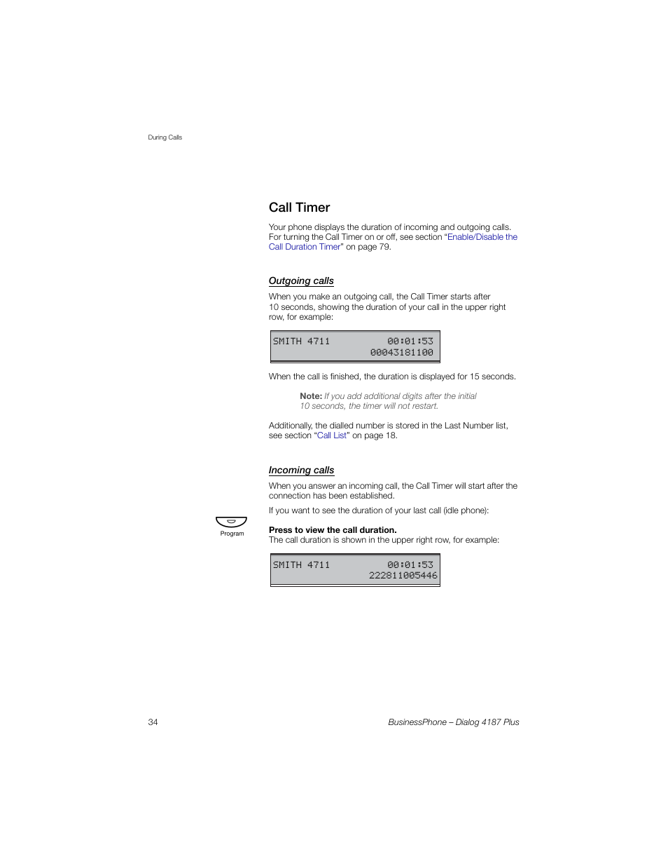 Call timer, Outgoing calls, Incoming calls | Call, Timer | AASTRA 4187 Plus for BusinessPhone User Guide EN User Manual | Page 34 / 104