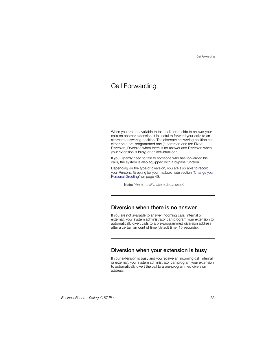 Call forwarding, Diversion when there is no answer, Diversion when your extension is busy | AASTRA 4187 Plus for BusinessPhone User Guide EN User Manual | Page 35 / 104