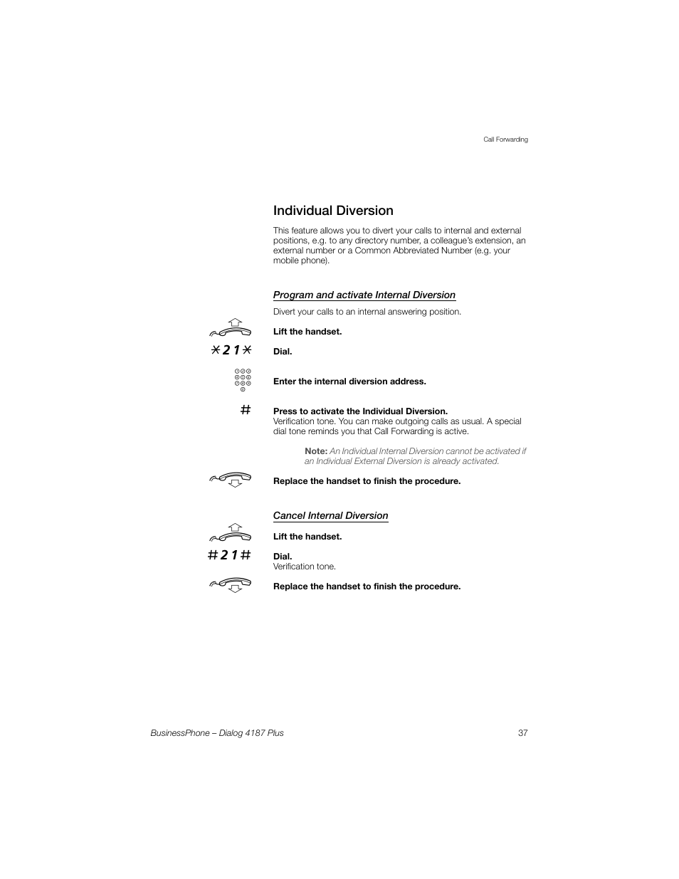 Individual diversion, Program and activate internal diversion, Cancel internal diversion | AASTRA 4187 Plus for BusinessPhone User Guide EN User Manual | Page 37 / 104