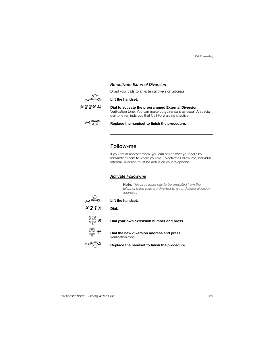 Re-activate external diversion, Follow-me, Activate follow-me | AASTRA 4187 Plus for BusinessPhone User Guide EN User Manual | Page 39 / 104