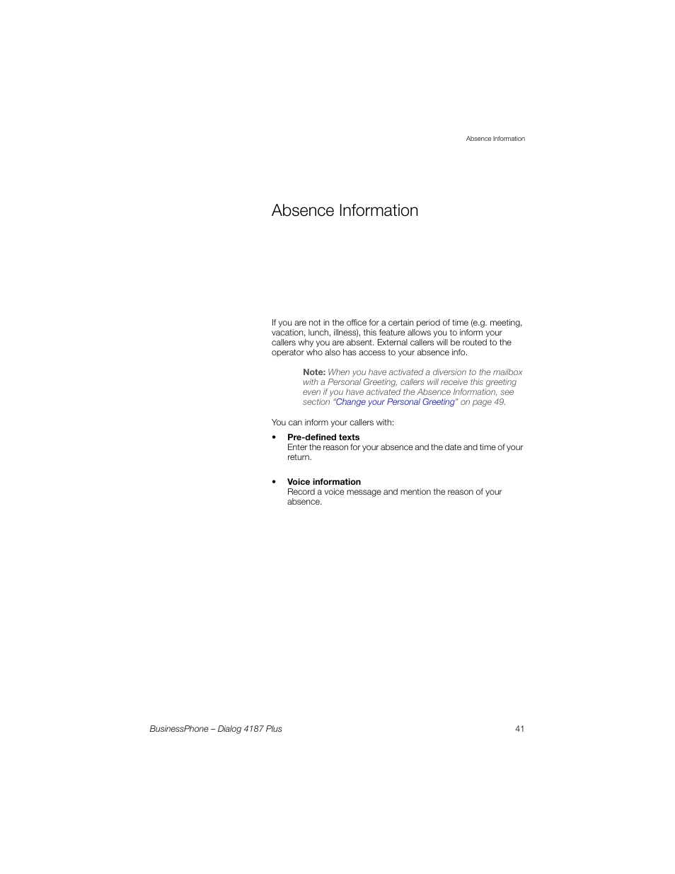 Absence information | AASTRA 4187 Plus for BusinessPhone User Guide EN User Manual | Page 41 / 104