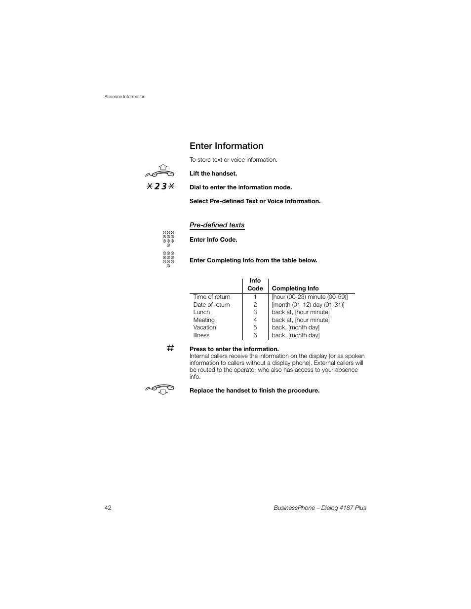 Enter information, Pre-defined texts | AASTRA 4187 Plus for BusinessPhone User Guide EN User Manual | Page 42 / 104