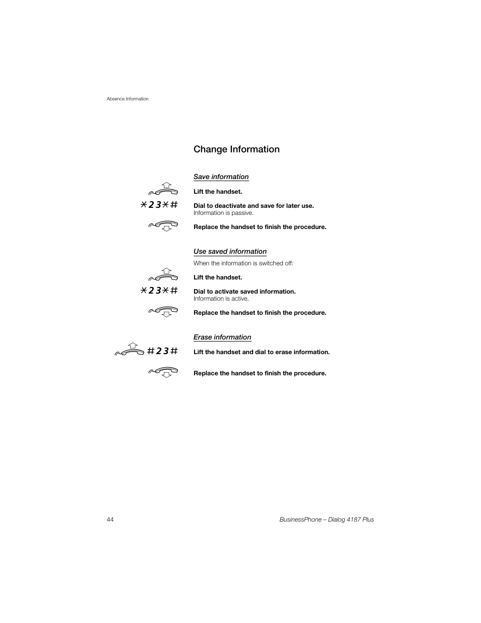 Change information, Save information, Use saved information | Erase information, U #23 | AASTRA 4187 Plus for BusinessPhone User Guide EN User Manual | Page 44 / 104