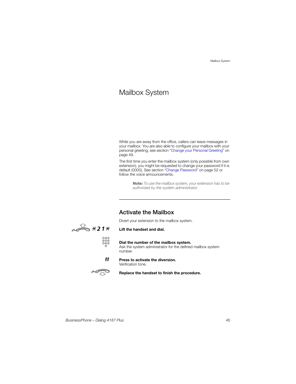 Mailbox system, Activate the mailbox, Mailbox | System, U *21 | AASTRA 4187 Plus for BusinessPhone User Guide EN User Manual | Page 45 / 104