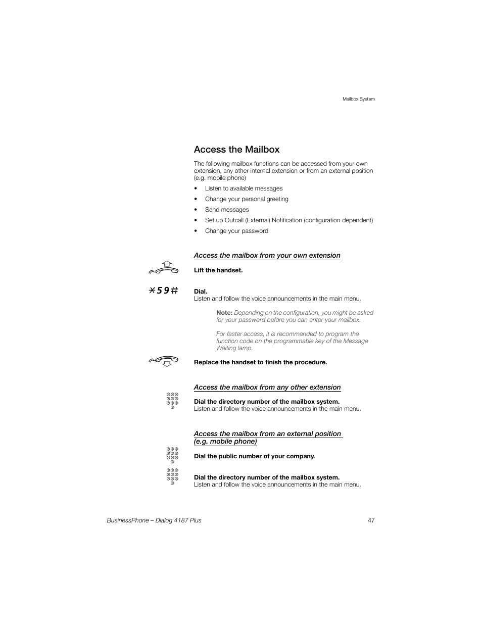 Access the mailbox, Access the mailbox from your own extension, Access the mailbox from any other extension | AASTRA 4187 Plus for BusinessPhone User Guide EN User Manual | Page 47 / 104