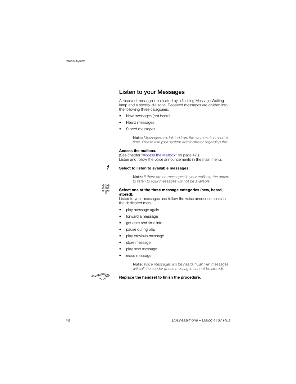 Listen to your messages | AASTRA 4187 Plus for BusinessPhone User Guide EN User Manual | Page 48 / 104