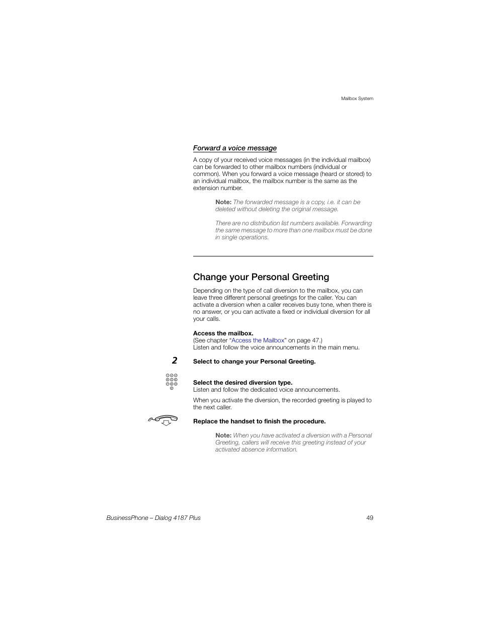 Forward a voice message, Change your personal greeting, Ection | Change your, Personal greeting, Ction | AASTRA 4187 Plus for BusinessPhone User Guide EN User Manual | Page 49 / 104