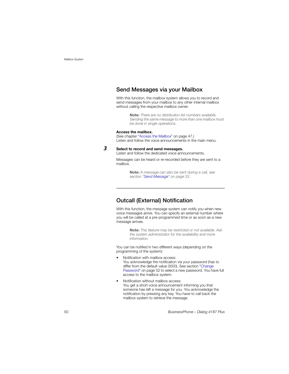 Send messages via your mailbox, Outcall (external) notification | AASTRA 4187 Plus for BusinessPhone User Guide EN User Manual | Page 50 / 104