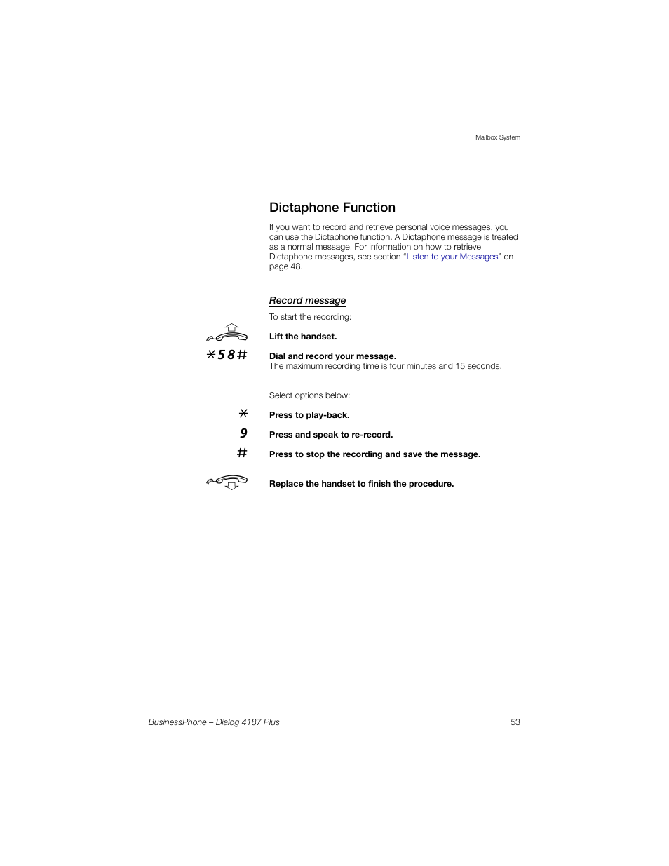 Dictaphone function, Record message | AASTRA 4187 Plus for BusinessPhone User Guide EN User Manual | Page 53 / 104