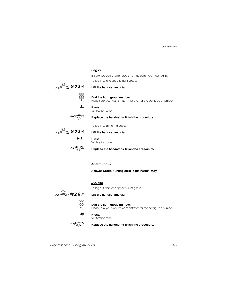 Log in, Answer calls, Log out | U *28, U #28 | AASTRA 4187 Plus for BusinessPhone User Guide EN User Manual | Page 55 / 104