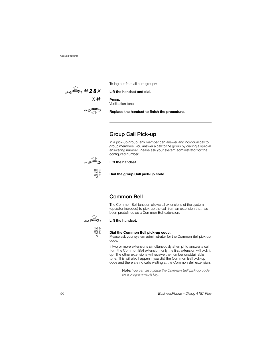 Group call pick-up, Common bell, U #28 | AASTRA 4187 Plus for BusinessPhone User Guide EN User Manual | Page 56 / 104